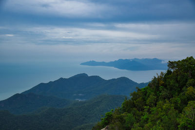 Beautiful stunning scenic panoramic view of langkawi from the top of gunung mat chincang mountain