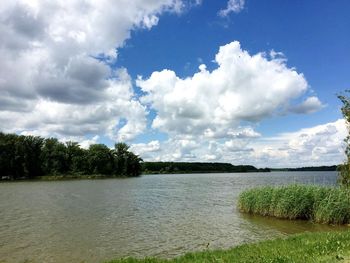 Scenic view of lake against cloudy sky