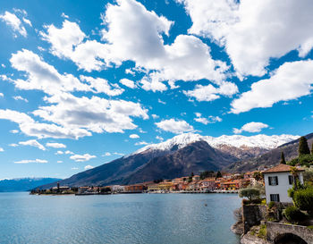 Scenic view of lake by mountains against sky