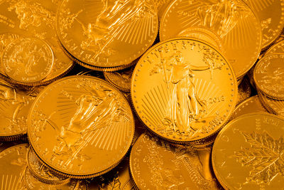 Close-up of gold colored coins