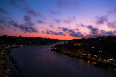 Illuminated city by river against sky at sunset