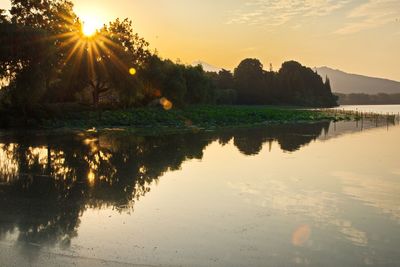 Scenic view of lake against sky during sunset