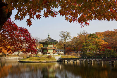 Scenic view of lake by trees against sky during autumn