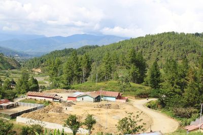 High angle view of trees on landscape against sky