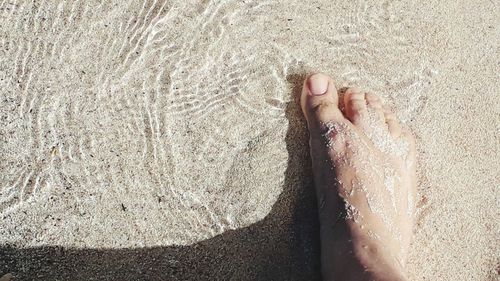 Low section of person legs on sand at beach