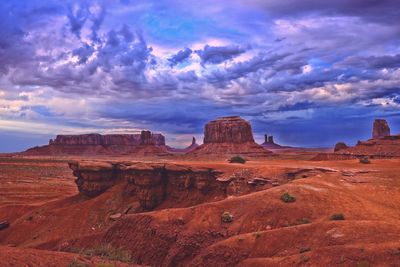 Rock formations on landscape against cloudy sky