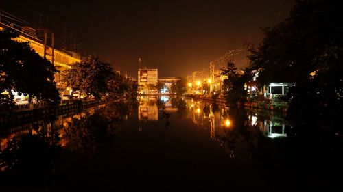 Reflection of illuminated buildings in city at night