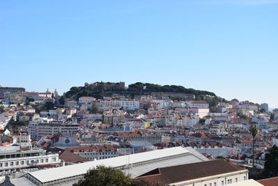 Townscape against clear blue sky