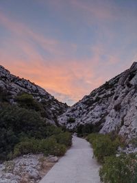 Scenic view of mountains against sky during sunset