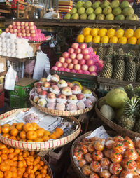 High angle view of fruits for sale at market stall