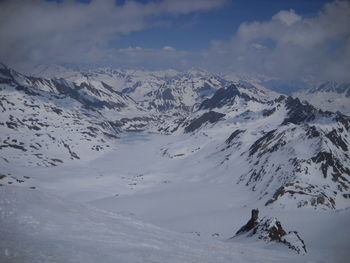 Scenic view of snow covered mountains against sky