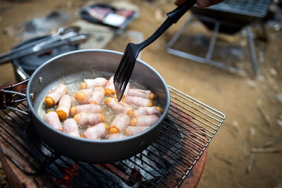 High angle view of meat in container on table