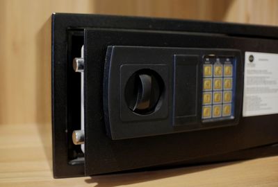 Close-up of camera on table