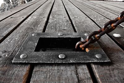 Close-up of hands on wood