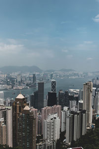 Aerial view of buildings in city against sky