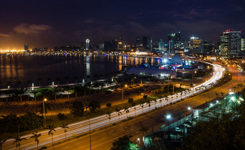 High angle view of illuminated city at night