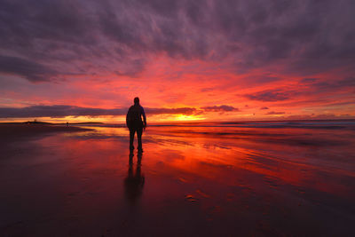 Silhouette man standing on beach during sunset