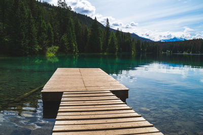 Scenic view of lake by trees against mountain