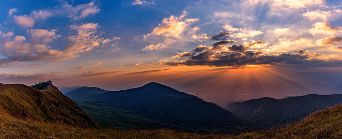 Scenic view of mountains against sky during sunset