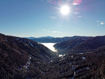 Scenic view of mountains against clear sky on sunny day