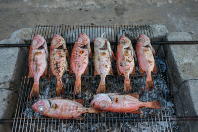 High angle view of fish on barbecue grill