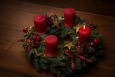 High angle view of christmas decoration on table