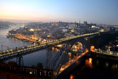 Illuminated bridge over river in city against sky at dusk