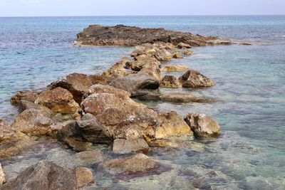 Rocks on sea shore against sky