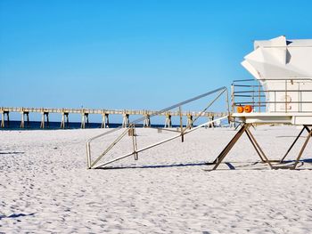 Low angle view of beach against clear blue sky