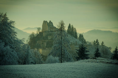 Historic castle amidst trees against sky during winter