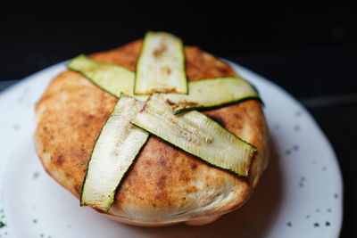 High angle view of bread in plate on table