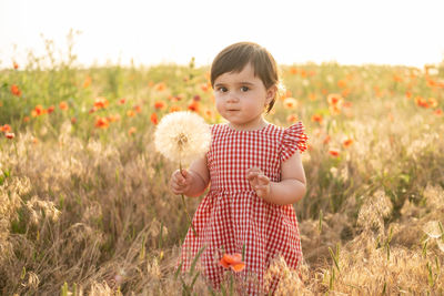 Portrait of cute girl with dandelion at farm