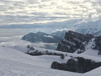 Scenic view of snow mountains against sky