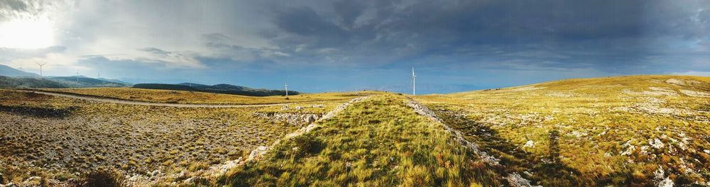 Panoramic view of road amidst field against sky