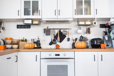 Close-up of jack o lantern in kitchen