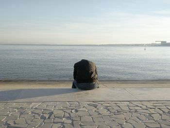 Rear view of person on sea shore against sky