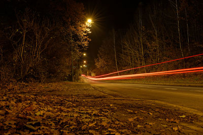 Light trails on road at night