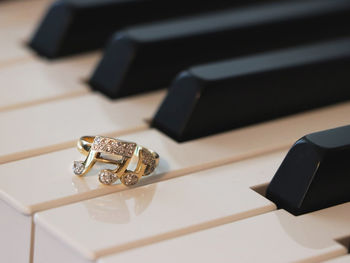 High angle view of wedding rings on table