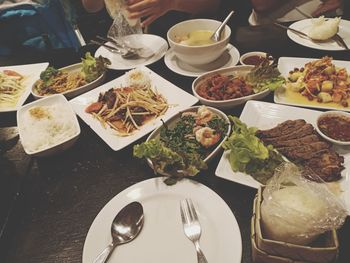 High angle view of food served on table