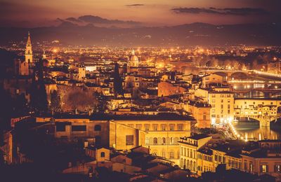 Aerial view of city at night