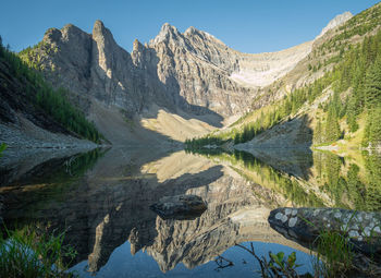 Scenic view of lake and mountains against sky