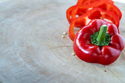 Close-up of red bell peppers on table