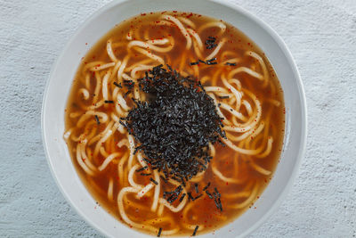 High angle view of pasta in bowl on table