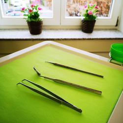 High angle view of paper on table