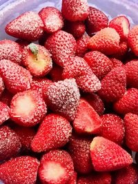 High angle view of strawberries in bowl