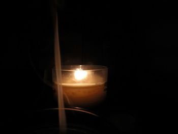 Close-up of lit candle in darkroom