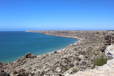 Scenic view of sea against clear blue sky