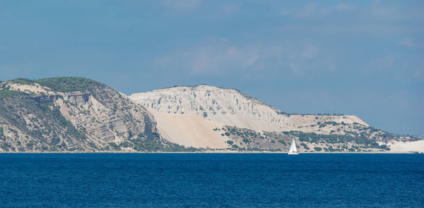 Scenic view of sea by mountain against sky