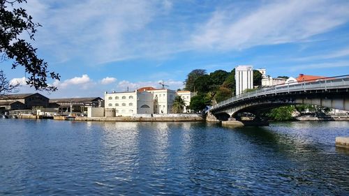 Bridge over river with buildings in background