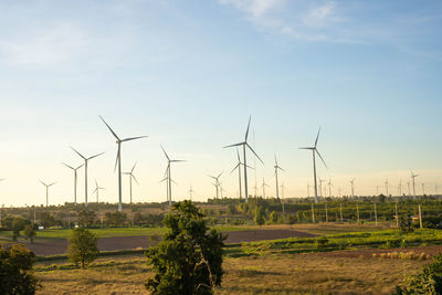 Wind turbines on field against sky